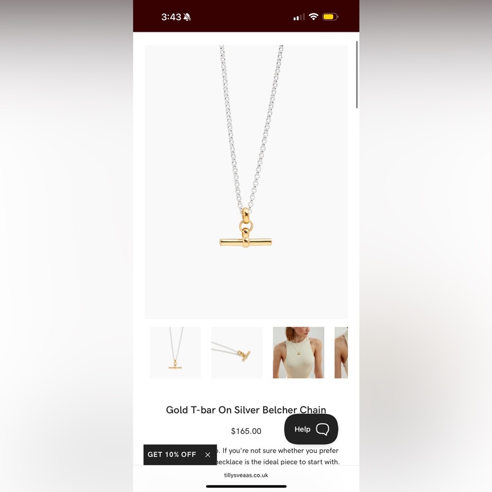 Tilly Sveaas Gold T-Bar on Silver Chain Necklace